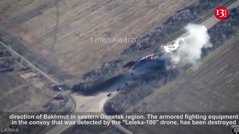 Column of tanks of Russians advancing towards Bakhmut met with artillery - Drone footage