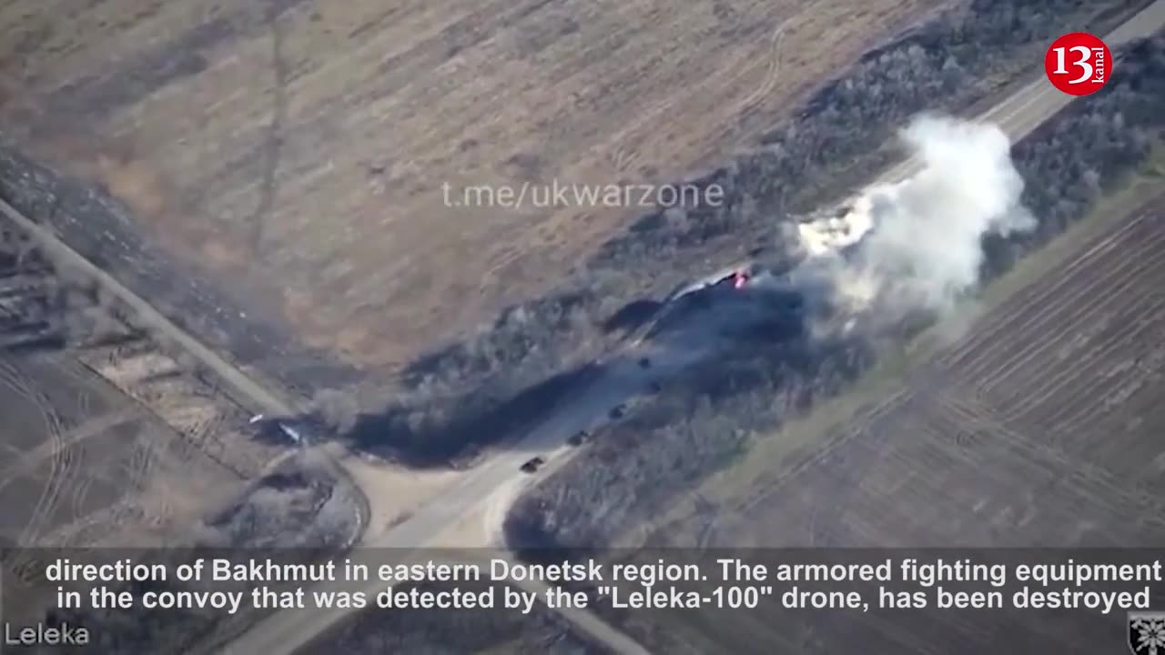 Column of tanks of Russians advancing towards Bakhmut met with artillery - Drone footage