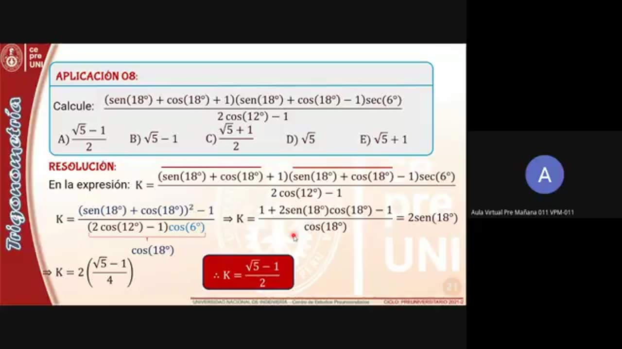 CEPRE UNI 2021 - 2 | SEMANA 08 | TRIGONOMETRÍA S01