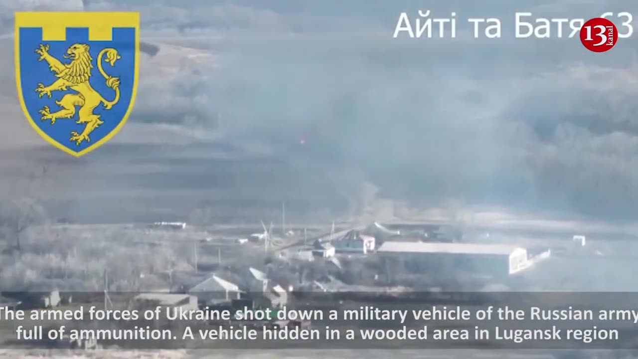 Russian vehicle filled with ammunition and hidden among trees hit by missile