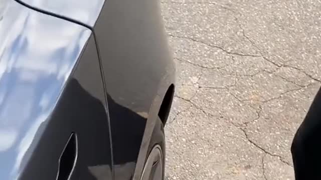 Tesla girl wants to quickly fill up with gas the electric car
