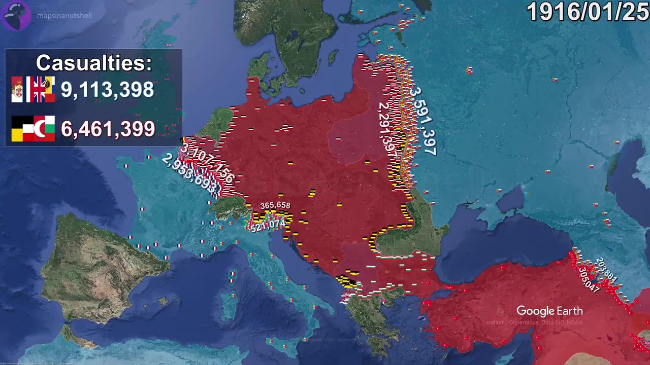 World War I in 1 minute using Google Earth