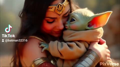 Wonder Woman hugging baby Yoda AI