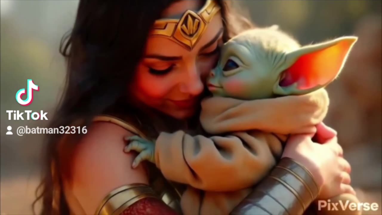 Wonder Woman hugging baby Yoda AI