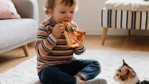 Pizza Party: Baby and Cat's Adorable Snack Time!