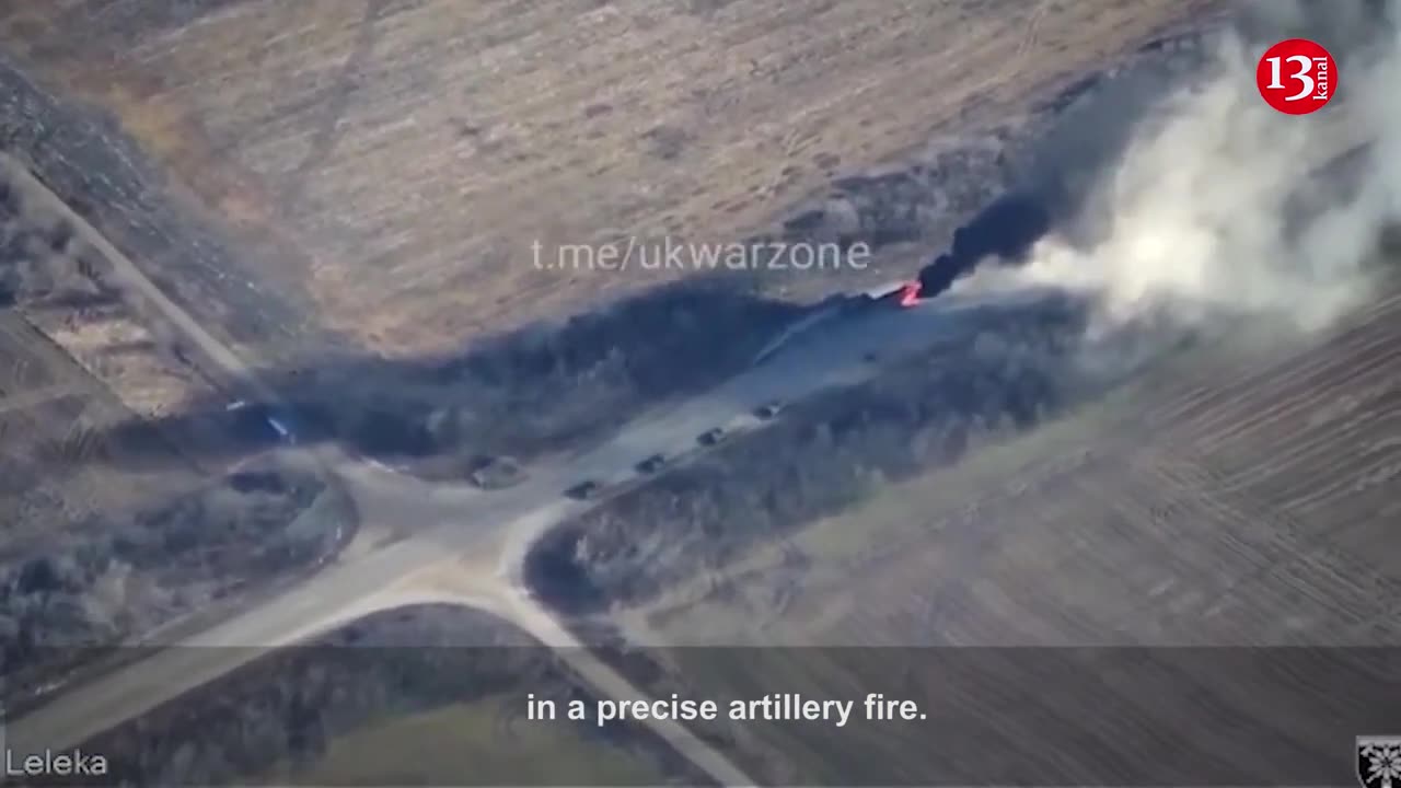 Column of tanks of Russians advancing towards Bakhmut met with artillery - Drone footage