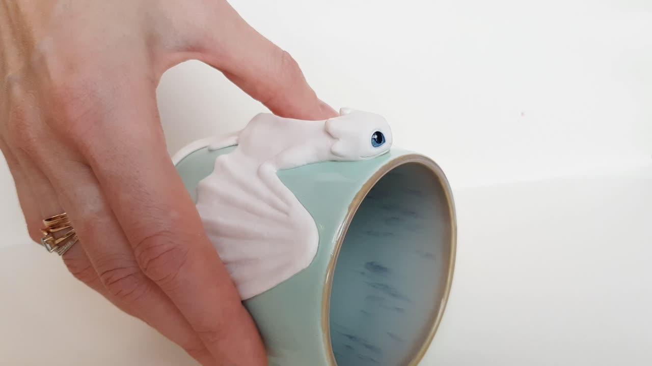 White dragon polymer cup by AnneAlArt. Gorgeous Light Fury How to Train Your Dragon sit on a mug.