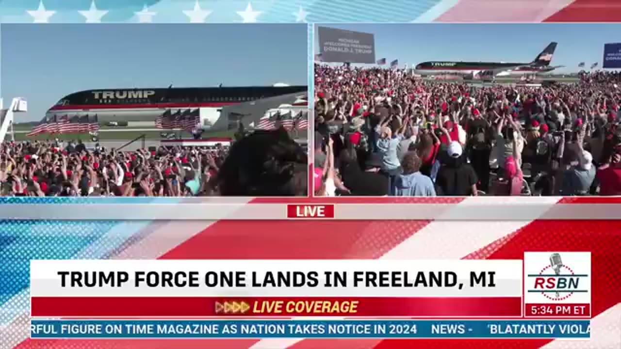 Crowd Goes Wild When Trump's Plane Lands In Freeland, Michigan