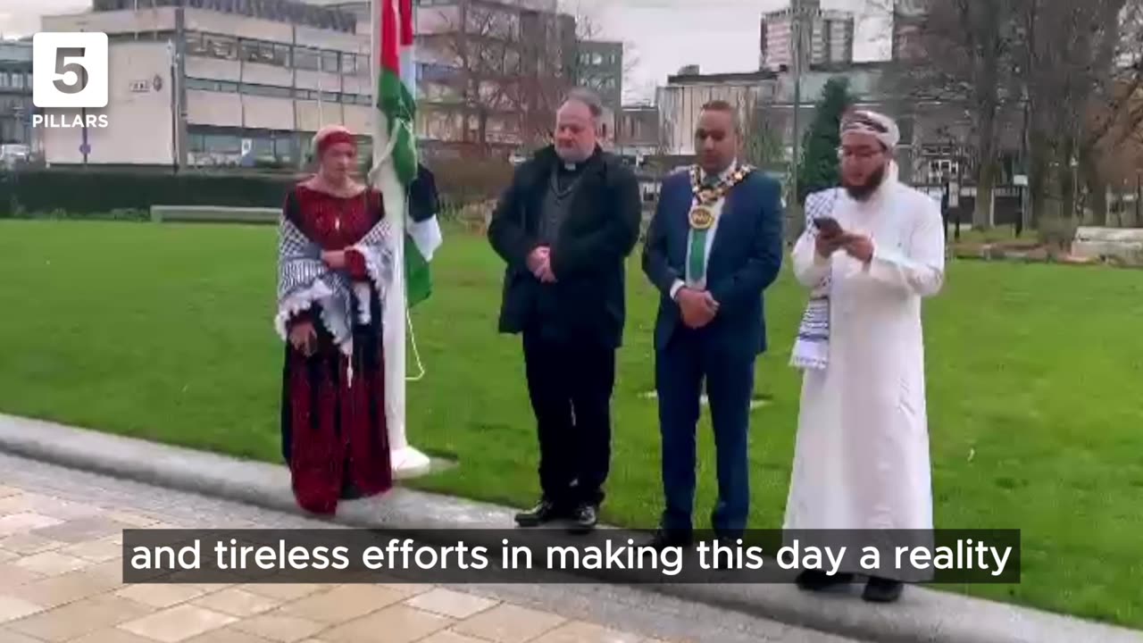 Flag of Palestine raised in English Rochdale in solidarity with Gaza
