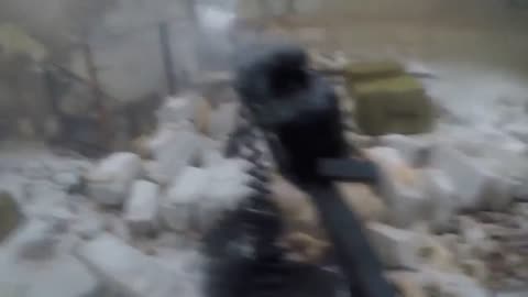 Ukrainians Firing Machine Gun Through a Doorway