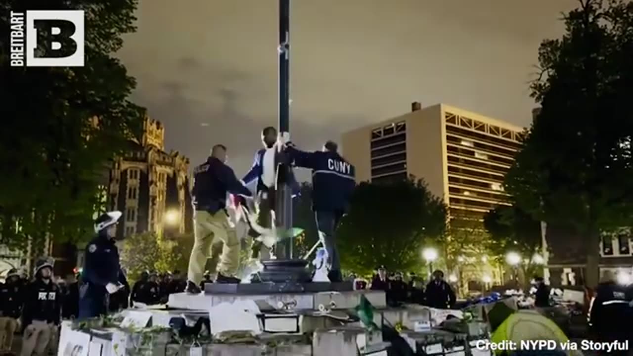 About Time! NYPD Tear Down Palestinian Flag Put Up by Campus Protesters, Raise Stars and Stripes