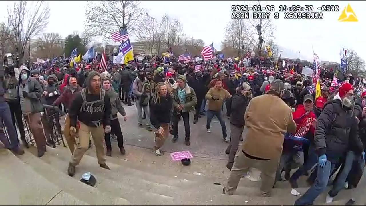 Woman pushed down lower West Plaza stairs by police inflaming crowd 2:26 p.m.