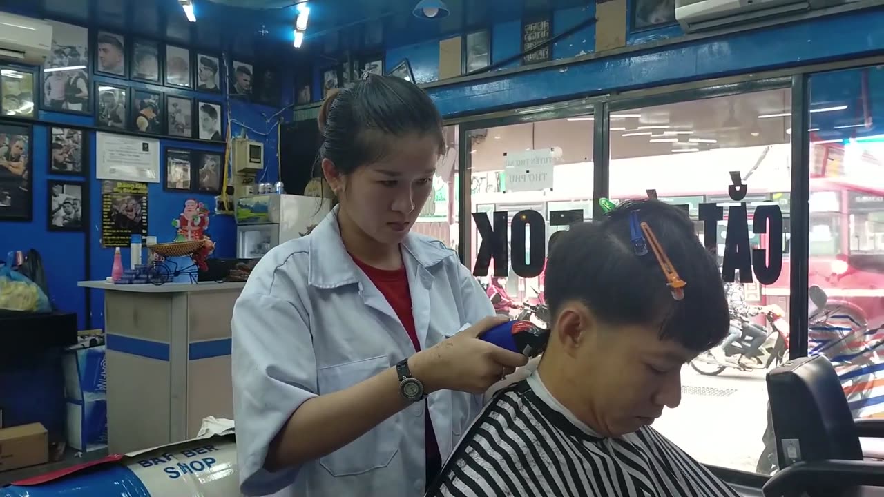 Talent Girl in Vietnam Barbershop - Professional Skill Haircut and Massage