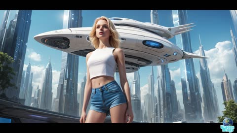 Futuristic digital artwork | sleek, white spaceship hovering above a bustling citys | blonde Ai girl