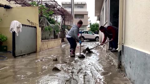 Storm Bora floods homes, streets on Greek island