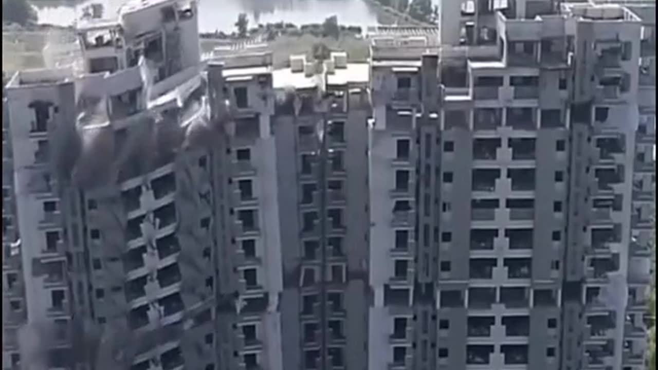 A falling building.