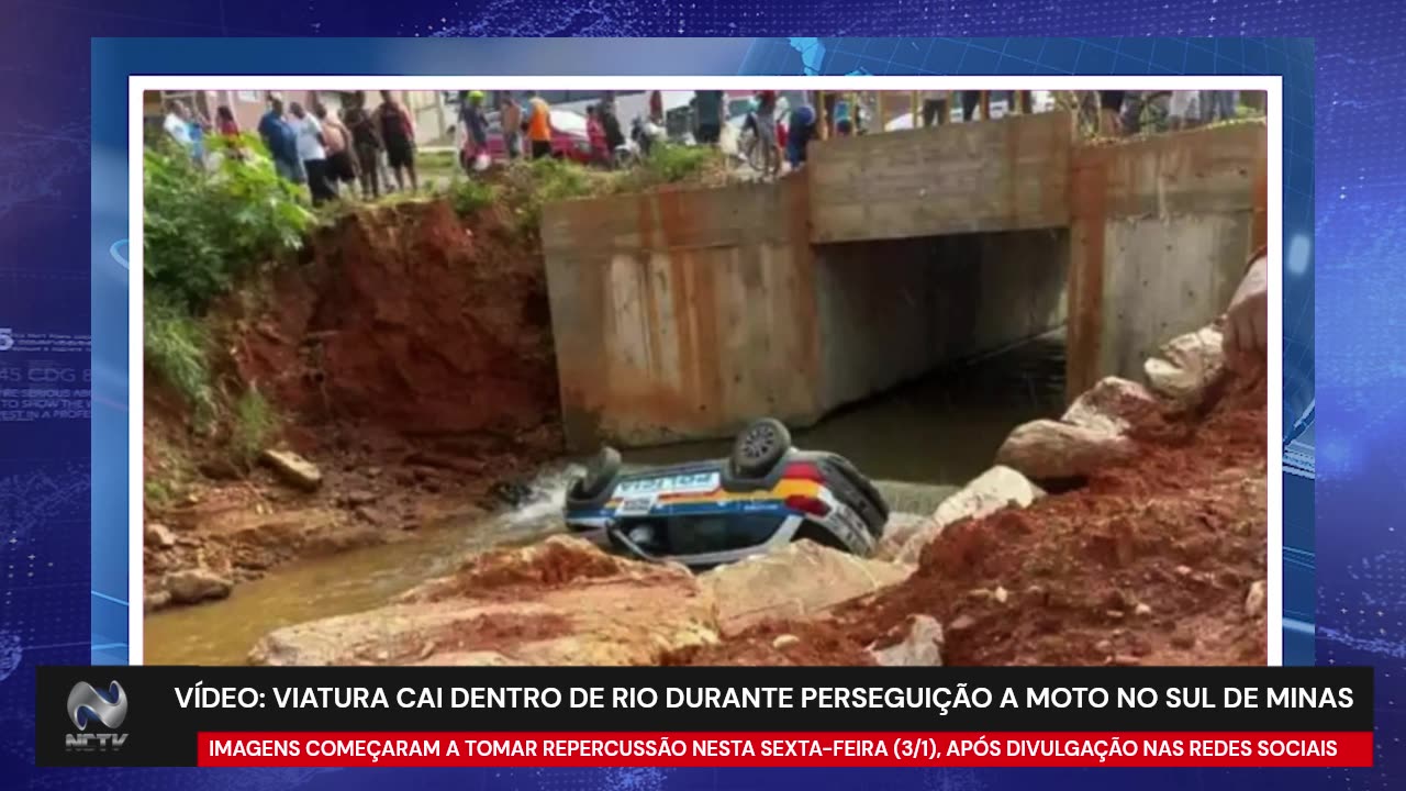 VÍDEO: VIATURA CAI DENTRO DE RIO DURANTE PERSEGUIÇÃO A MOTO NO SUL DE MINAS