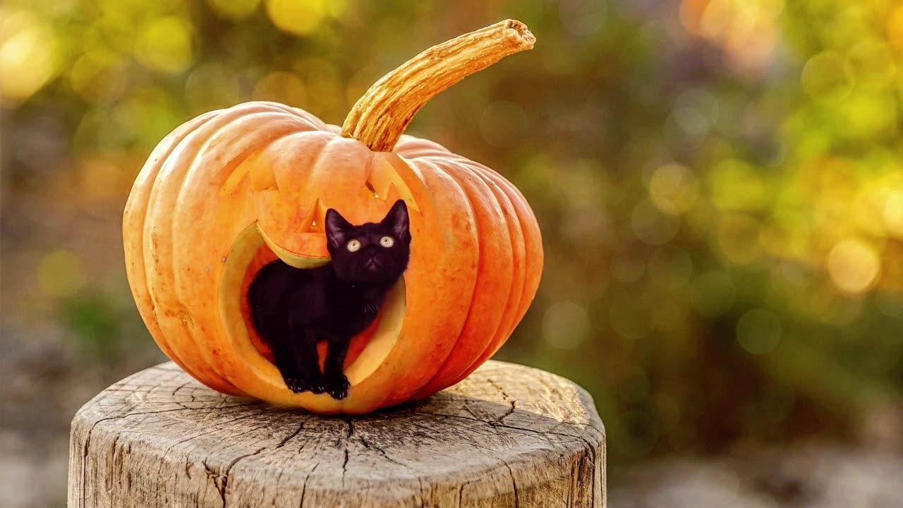 Cat baby playing inside the pumpkin.