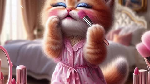 Little Kitten Is Doing Make-up For The First Time