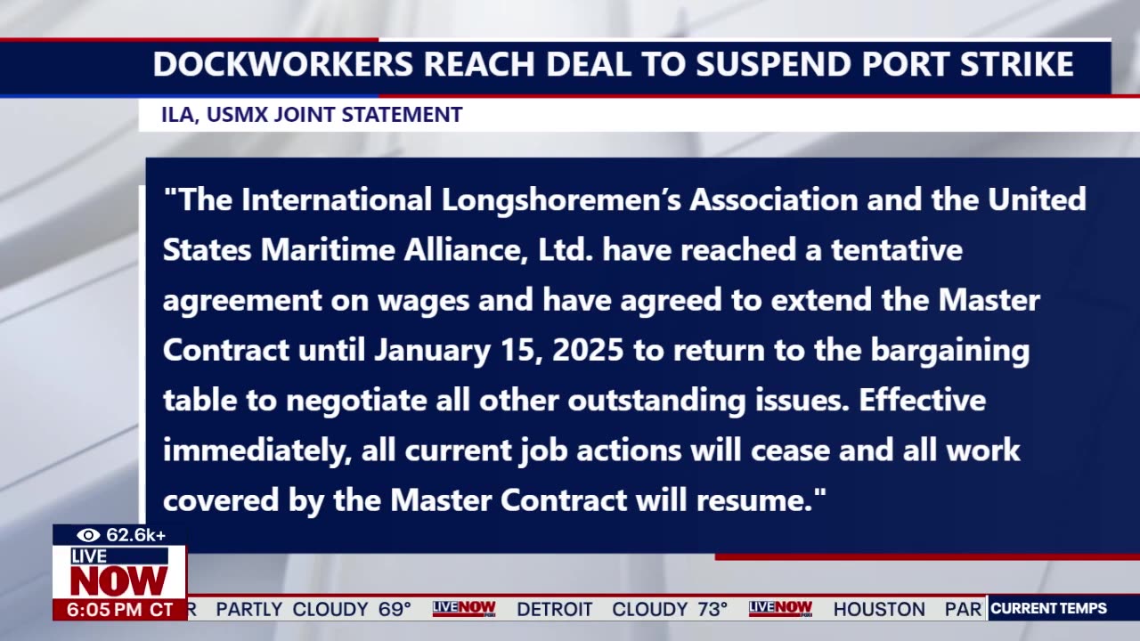 BREAKING Port strike suspended, ILA agrees to 62% wage hike LiveNOW from FOX