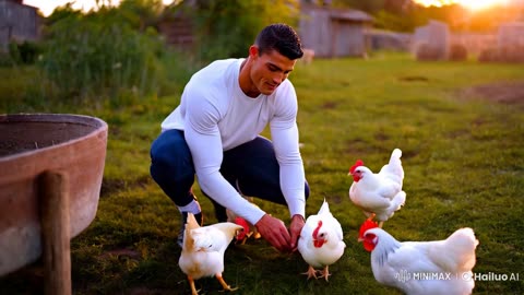 Cristiano Renaldo feeding hens