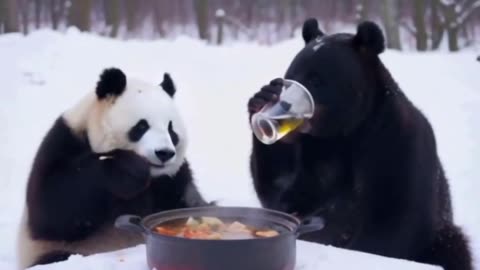 White crested bear and a panda having lunch