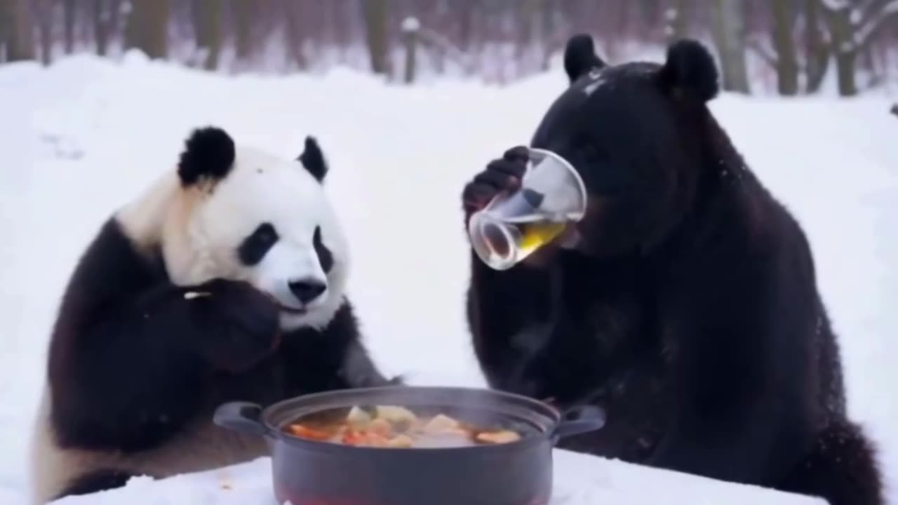 White crested bear and a panda having lunch