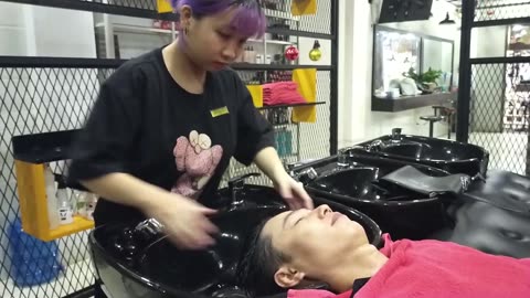 Relax with Cute and Happy Girl has Purple Hair in Vietnam Barbershop