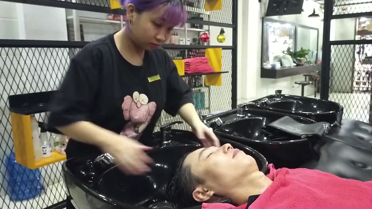 Relax with Cute and Happy Girl has Purple Hair in Vietnam Barbershop