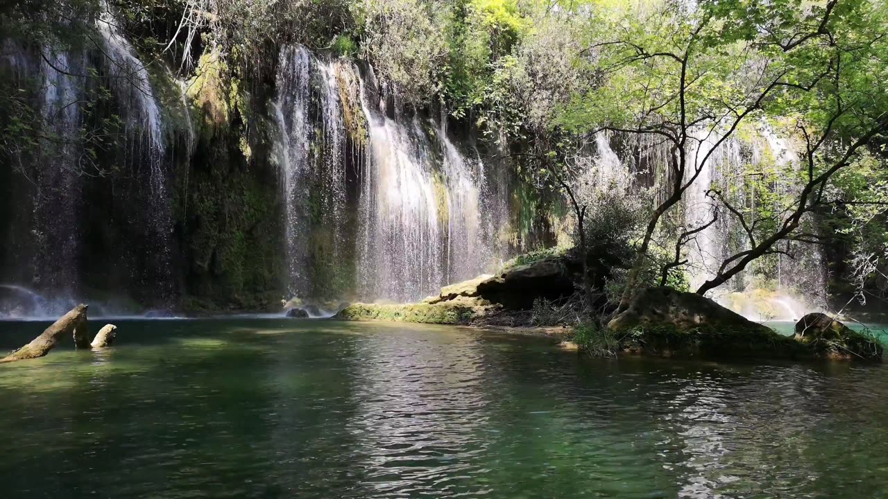 A beautiful view of several waterfalls