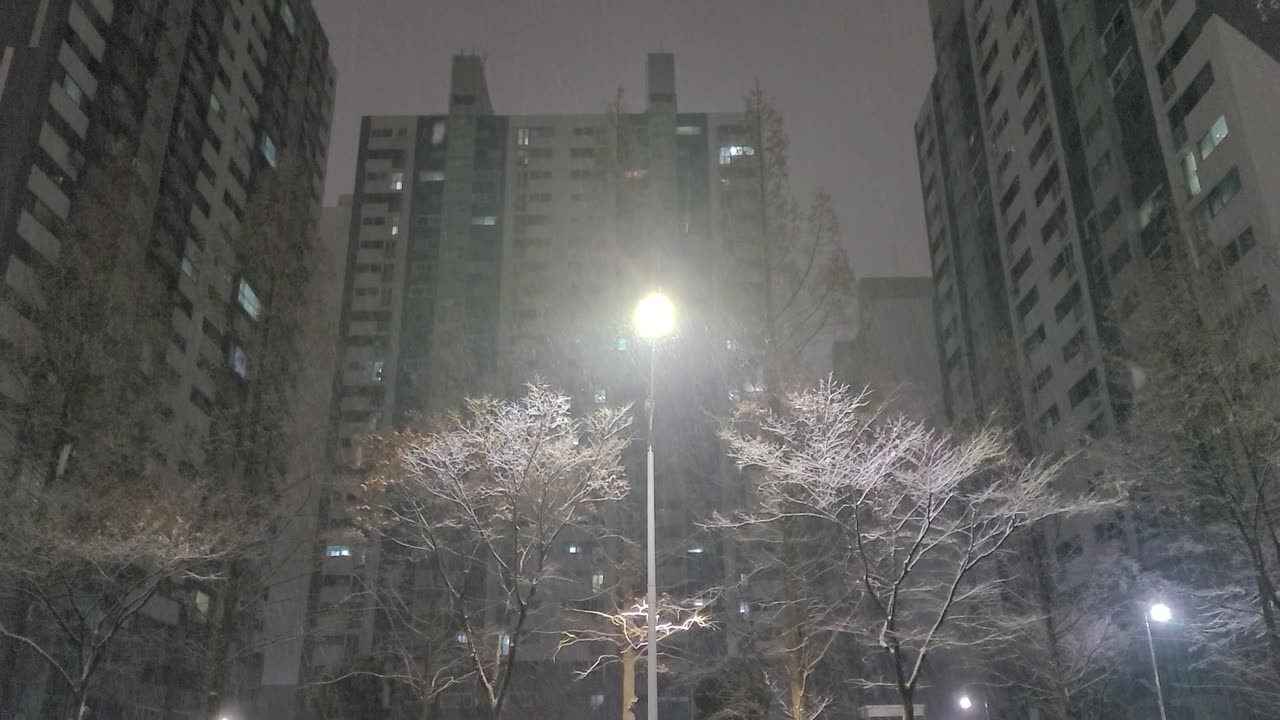 Street lights, buildings and snow