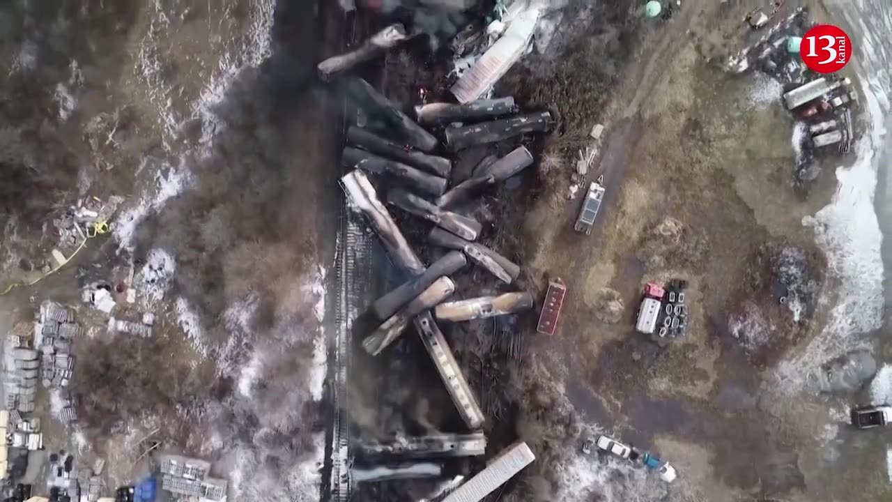 Drone video shows charred train cars after massive derailment in Ohio