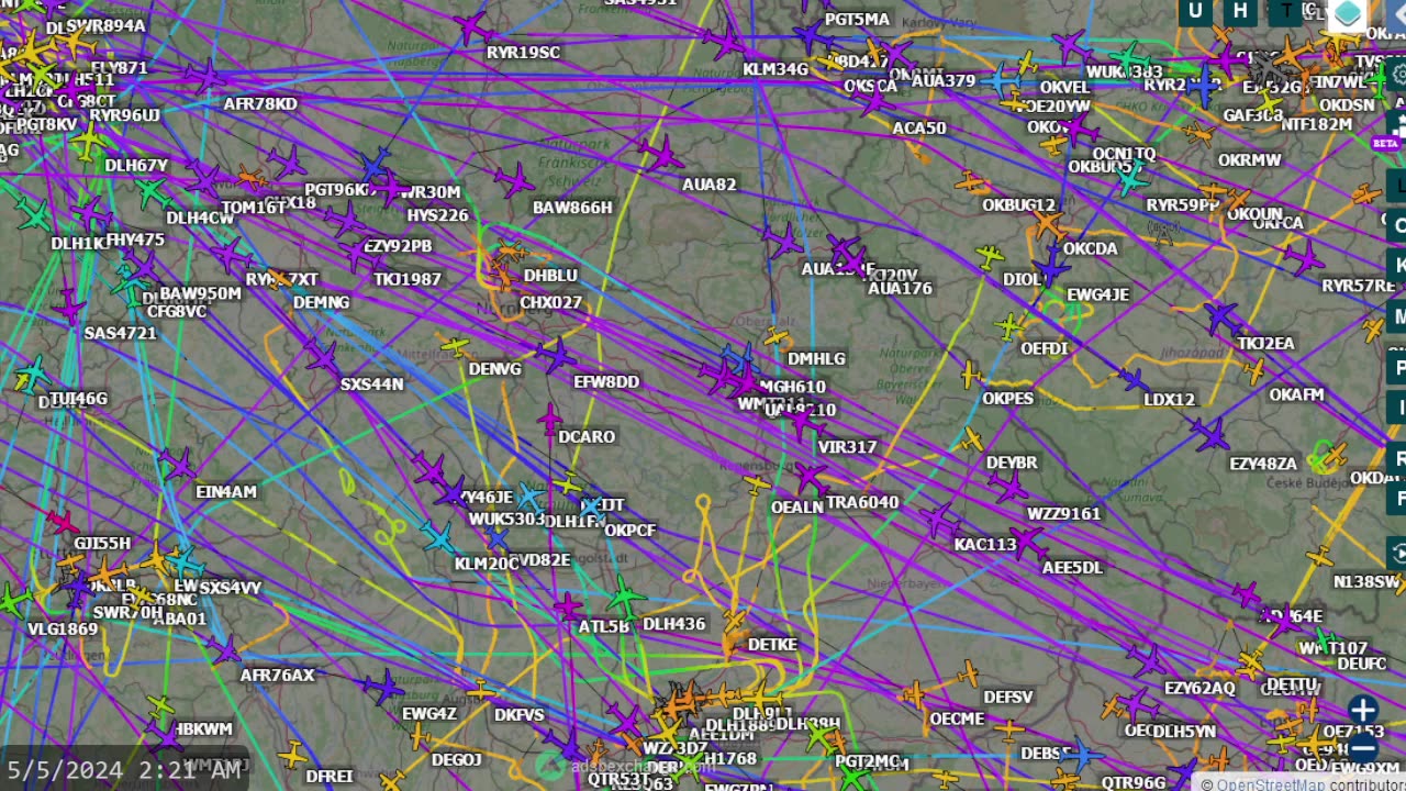 Another European Air Traffic Time Lapse of Air Pollution Devices - May 5th 2024