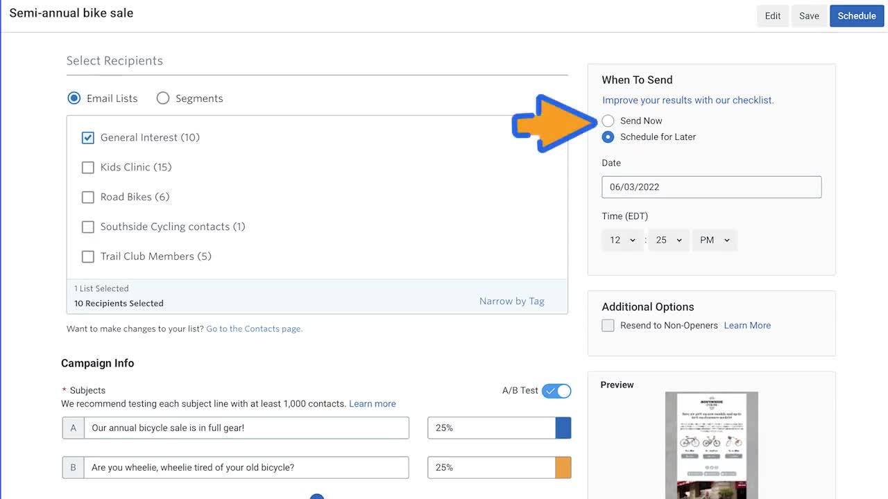 A_B test an email subject line Constant Contact