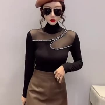 Top Female Turtleneck Autumn Winter Sequin Rhinestone Women's Long Sleeve T-shirt #womensclothing