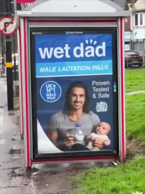 An advertisement for male lactation pills, Wet Dad