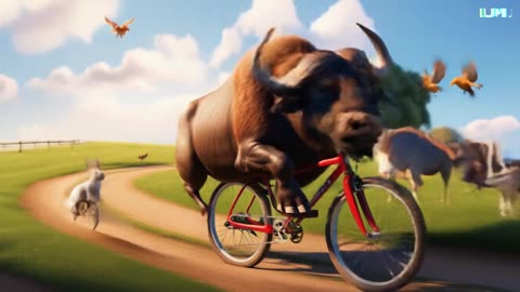 Buffalo riding bicycle