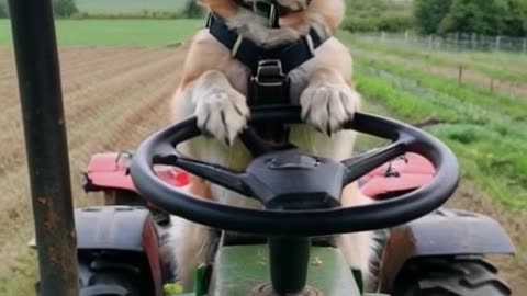 A dog driving a tractor