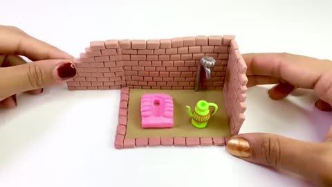 DIY How to make polymer clay miniature Village House, Washroom Set, Kitchen Set, Tree, Charpai.mp4