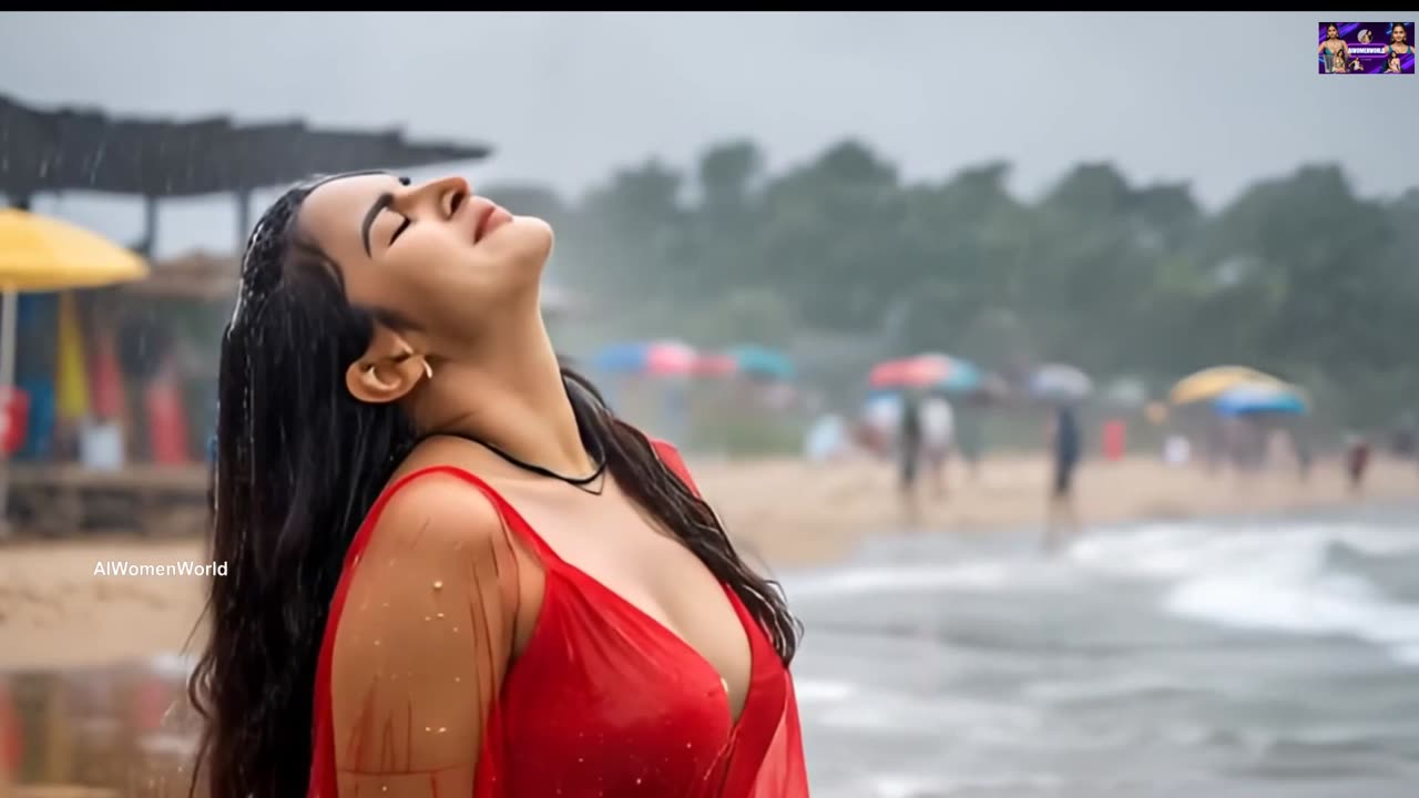 Very Beautiful AI Model Enjoying In Rain In Beach - AIWomenWorld