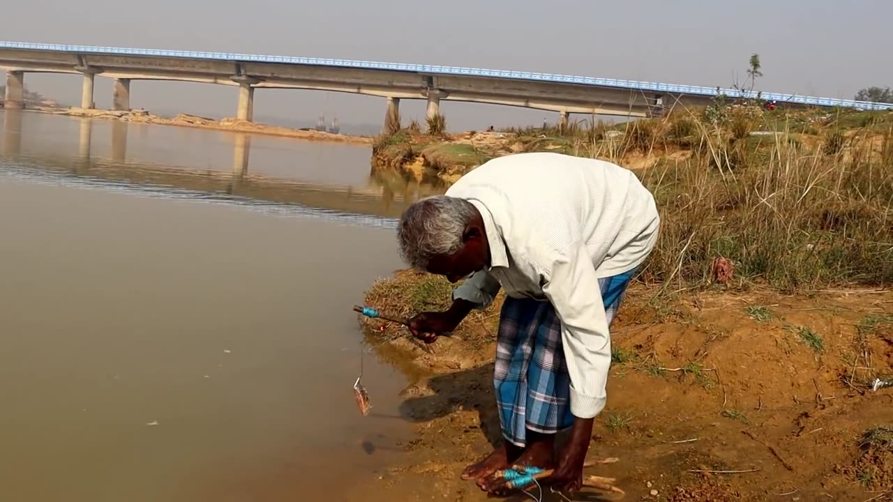 Fishing video || grandpa catching fish in the village river with using little fish || Fishing 2024