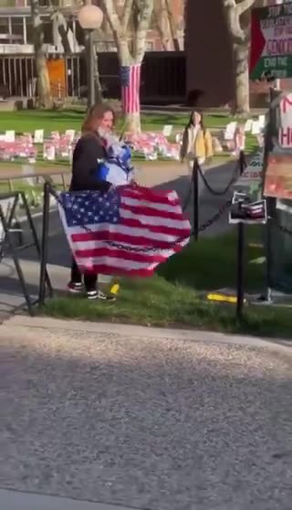 A student protester tears down an American flag at the MIT campus and discards it...