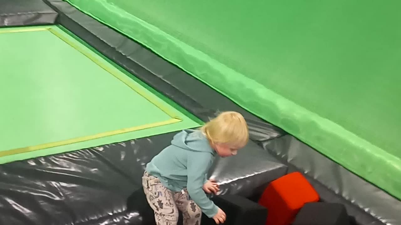Yellow socks and trampoline and blocks