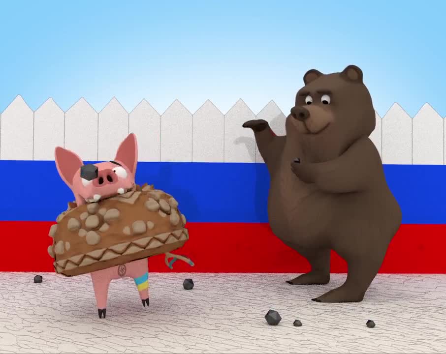 Ukrainian piglet 6 pigtlet shoots animals with slingshot. Bear stops him.