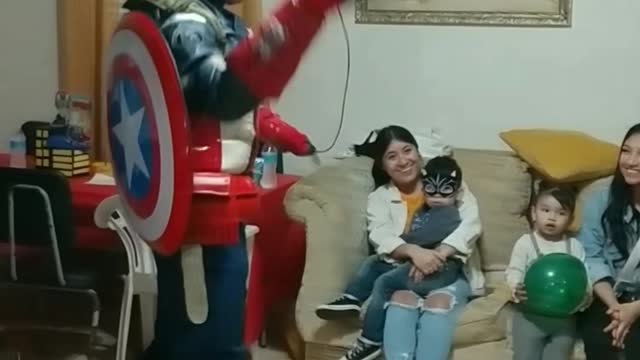 Block the rock attack with shield game with captain America at a birthday party in Houston Texas