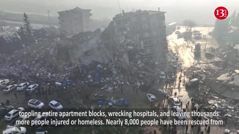 Drone footage show collapsed buildings, massive devastation from Turkey quake