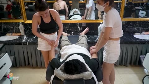 Strong legs massage, she never let me down | Vietnam barber shop with Two Girls