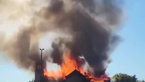 The historical Notre-Dame-des-Sept-Allégresses in Trois-Rivières, Canada, is currently ablaze