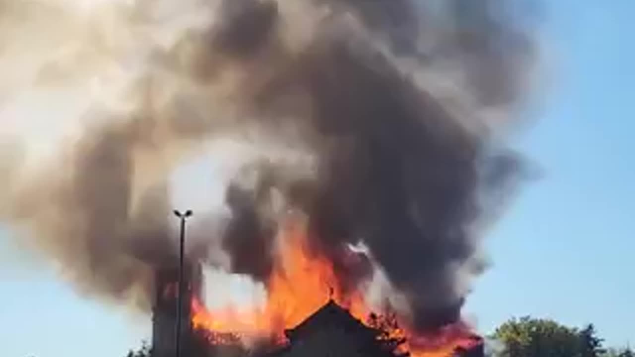 The historical Notre-Dame-des-Sept-Allégresses in Trois-Rivières, Canada, is currently ablaze