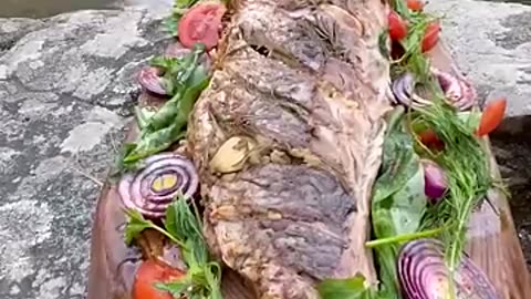 Natural style mutton cooking recipe in forest picnic